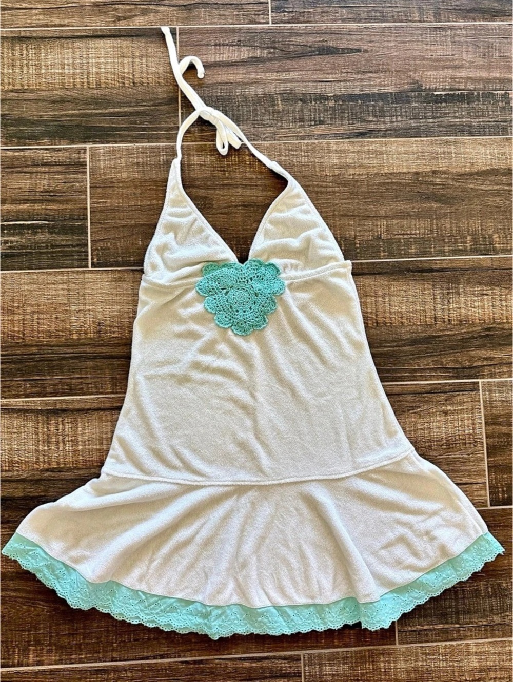 Vintage Lucky Brand Bathing Suits White Aqua Crochet Halter Swim Cover Up S/M